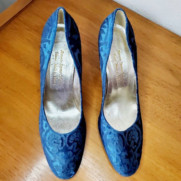 Antonia Sautter Collection Blue Velvet Damask Print Heels Shoes Handmade SZ 37 - Picture 10 of 12